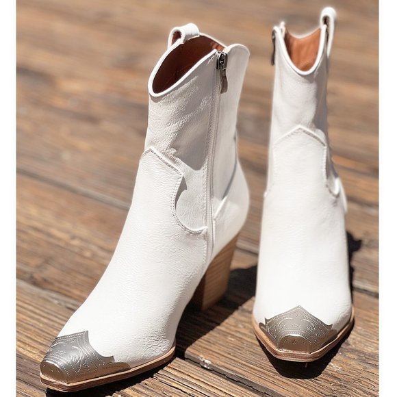 NEW White PU Leather Metal Cap Toe Block Heel Cowgirl Cowboy Western Ankle Boots - Picture 8 of 16